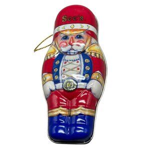 See's Christmas tin toy soldier tree ornament 1996 red blue 5" READ